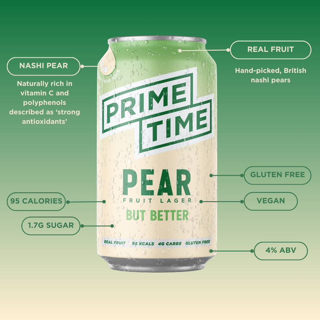 Can of Prime Time Pear Fruit Lager with nutritional and ingredient information on a green background